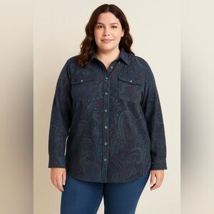 Croft & Barrow Top Shirt Women 1X Multicolor Paisley Long Sleeve Button Up‎